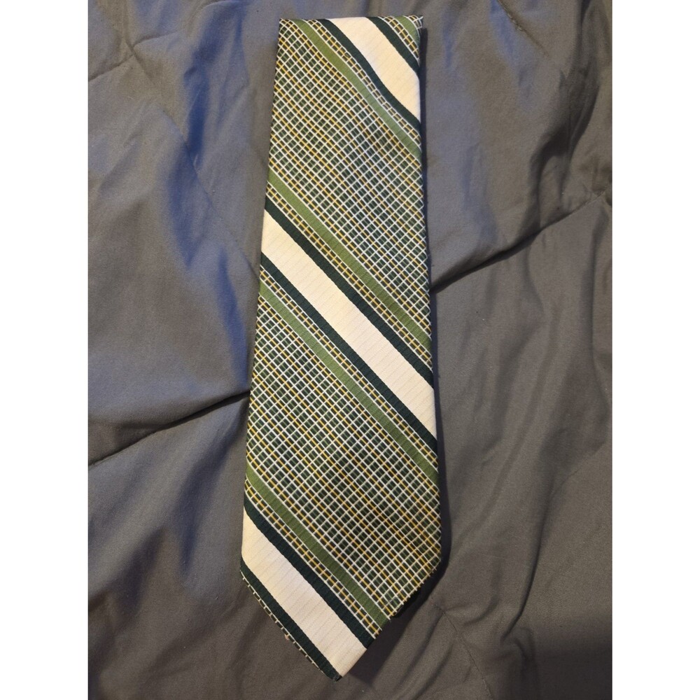 Vintage Men's Necktie Gold Green White  Golden Clasp Prince Consort